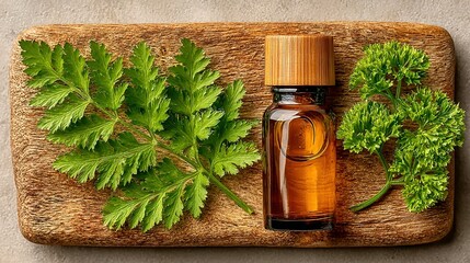 Aromatic Parsley Essential Oil with Fresh Leaves on a Rustic Wood Plank
