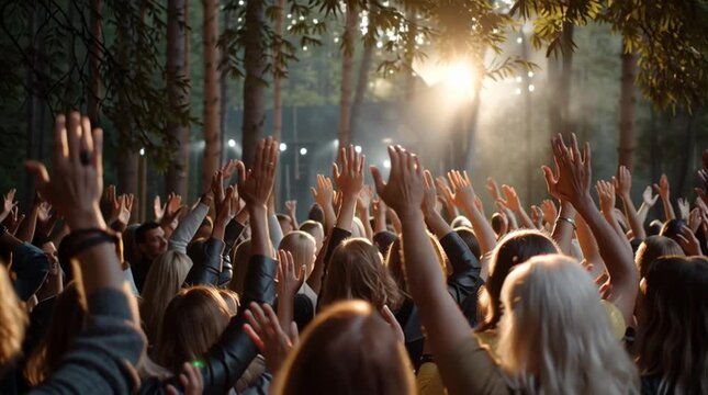 People worshiping joyfully in a forest raising both hands high in praise standing in front of a stage or open space with natural light shining through the trees