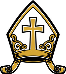 Obraz premium Elegant Bishop Mitre Vector – Gold and Black Clergy Hat with Cross and Scroll Ornament Design