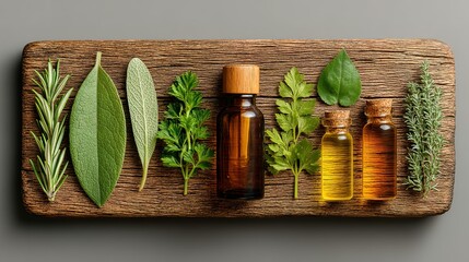Fresh Aromatic Herbs and Natural Essential Oils in Bottles on Rustic Wooden Board, Wellness and Holistic Health Concept
