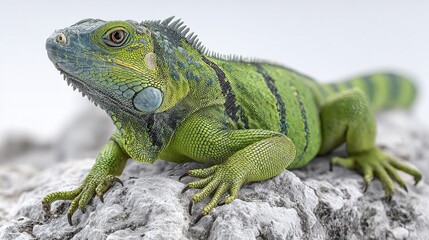 Fototapeta premium Green iguana with blue highlights resting atop a jagged gray rock