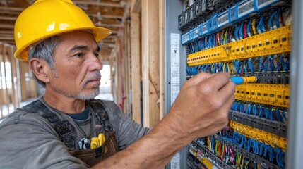 Electrician inspects and mounts a newly wired electrical distribution panel inside a partially completed interior ensuring compliance with safety codes in renovation work.