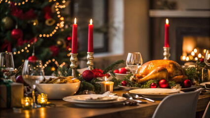 Naklejka premium Christmas dinner table with festive dishes concept. A beautifully set table ready for a festive holiday dinner.