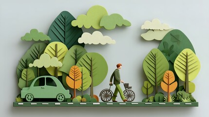 Eco-friendly lifestyle concept showing person walking with bicycle in stylized paper-cut forest scene promoting green transportation and sustainable living.