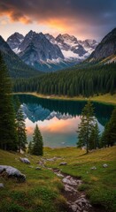 Serene Alpine Lake Reflects Majestic Snow-Capped Mountains Under a Dramatic Sunset Sky
