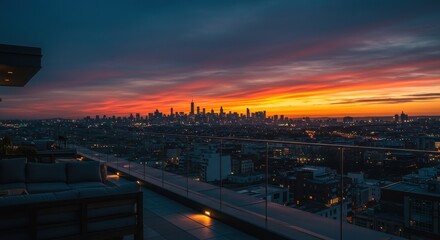 City skyline sunset view from rooftop
