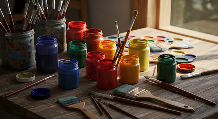 Artist Paint Jars Brushes Wood Table