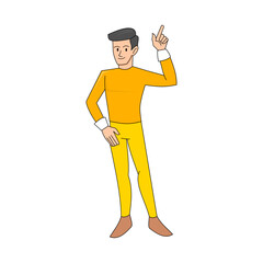 man in orange shirt pointing up. office man. business theme. flat character. avatar. pointing something. vector illustration