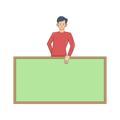 A man in a red shirt holding a green blank board. Copy space. Flat character. Information board. Vector illustration.