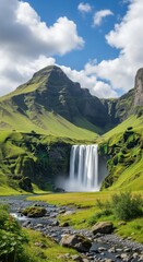 Majestic Waterfall Cascading Down a Verdant Green Mountain Slope Under a Blue Sky