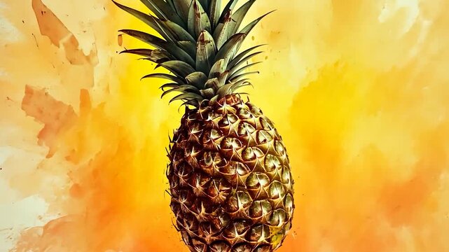 A vibrant pineapple against a watercolor-like, warm yellow and orange background