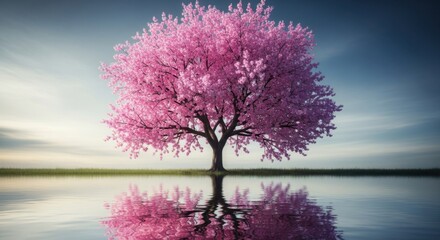 A Majestic Cherry Blossom Tree Stands Tall Reflected in Calm Water Under a Beautiful Sky