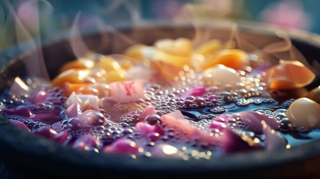 Colorful candy ingredients on witch table for spooky magical potion