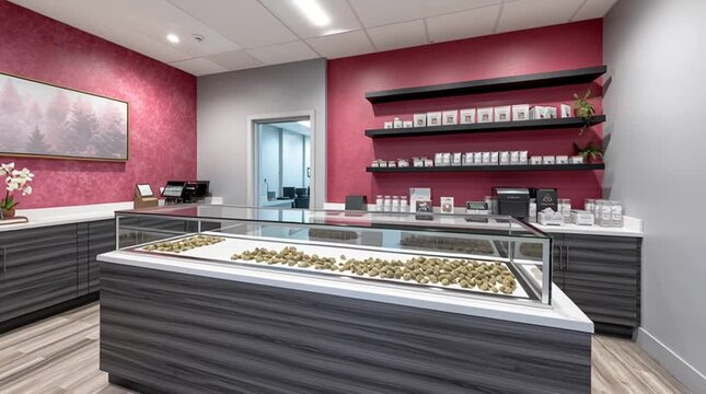 A clean modern medical marijuana and adult-use recreational cannabis dispensary - counter display and shelving with cannabinoid products and terpenes