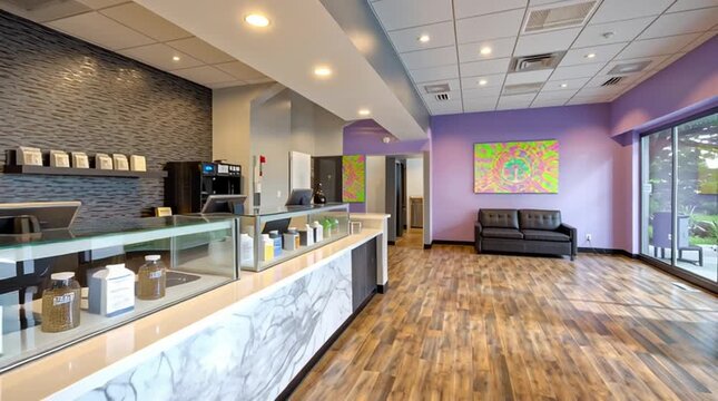A clean modern medical marijuana and adult-use recreational cannabis dispensary - counter display and shelving with cannabinoid products and terpenes