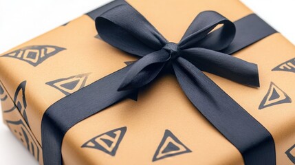 A gift box wrapped in tan paper with black tribal patterns and a black ribbon