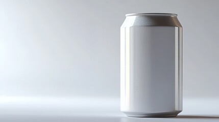 A sleek white aluminum can with a textured silver top stands on a white surface