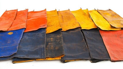 Colorful weathered canvas bags arranged in a row