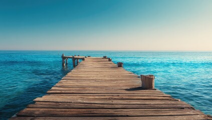 Tranquil wooden pier extending into a vibrant blue sea