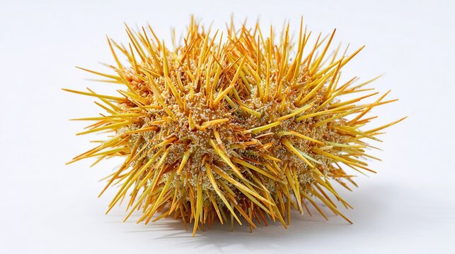 Spiky, round object, reddish-yellow, covered in thorns, isolated on bright backdrop