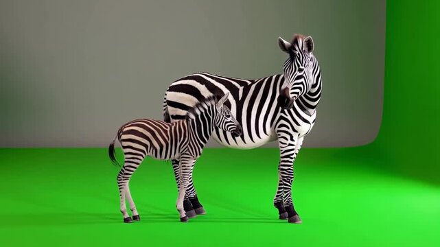 A zebra and its foal standing together on a green screen in a studio environment, looking at viewer green screen animal video