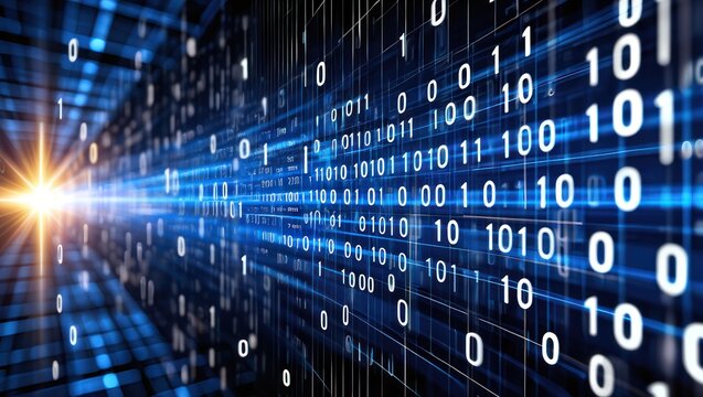 Futuristic digital stream of binary code with glowing light