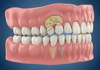 Obraz premium Dental Anatomy Illustration of Teeth, Gums, Bone Grafting, Tooth Extraction, Implants.