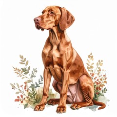Reddish Brown Vizsla Dog in Watercolor Autumn Leaves Digital Painting