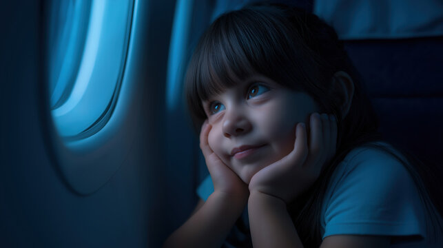 Child gazes thoughtfully out of airplane window during nighttime flight