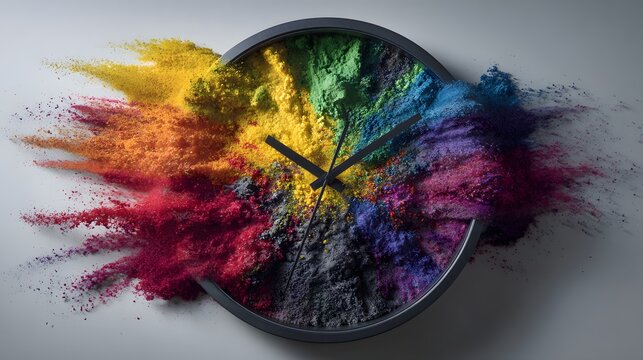 Colorful clock face with exploding pigment.