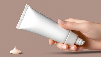 Fototapeta premium Hand holds a blank tube of cream with a small dollop on the surface