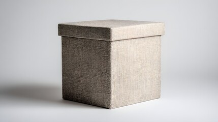 A neutral-toned fabric-covered cube-shaped box.