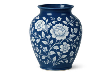 Delicate blue porcelain vase displaying intricate white floral pattern, standing against transparent backdrop, highlighting ceramic artistry
