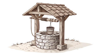  "Old Fashioned Stone Well Illustration - Rustic Water Source Drawing"  isolated on white background