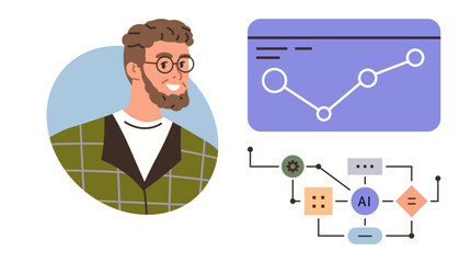 Smiling man beside a chart showing data trends and a process flow diagram with AI focus. Ideal for AI, analytics, data science, technology, automation, education, teamwork. Simple flat metaphor
