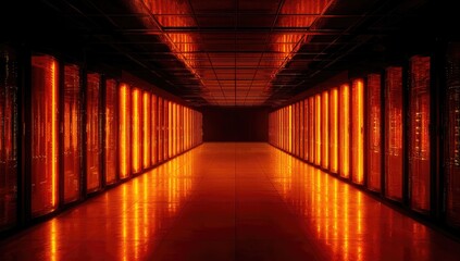 Dark server room lit with fiery orange glow