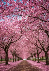Naklejka premium Pink Cherry Blossom Trees Pathway Spring Nature