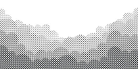 Vector background, cumulus clouds, banner, halftone dots, fading dot effect