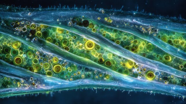 Microscopic view reveals the intricate cellular structure of lab grown eel meat embedded in a hydrogel matrix, showcasing innovative food science and technology