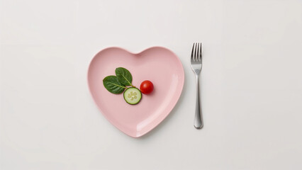 Two herbal leaves, one cherry tomato and a cucumber slice on pink heart shaped ceramic plate and a silver fork on white background, anorexia and eating disorder concept, copy text space