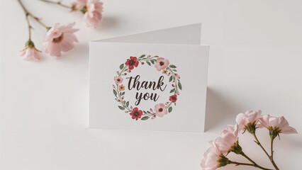 Aesthetic composition of folded white card with floral design and handwritten "thank you" note with pastel hued pink flowers on white background, copy text space