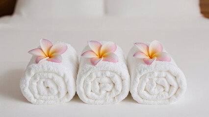 Row of neat clean rolled up towels with pink frangipani flower on top of each on a hotel bed with white laundered sheets, 