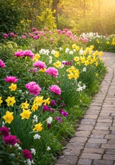 Fototapeta premium Vibrant Pink and Yellow Flowers Blooming Along Brick Garden Path