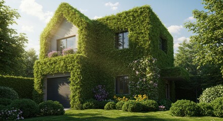 Verdant abode: A picturesque house enveloped in lush greenery and blooming flora scenery