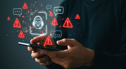 Cyber Security Alert: Person holding smartphone with glowing facial recognition and multiple red warning icons, symbolizing data privacy threats, online risks, and digital identity protection