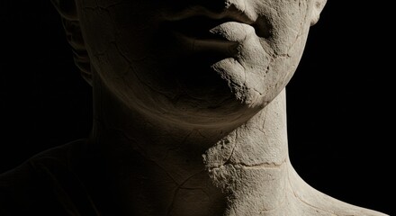 Cracked stone sculpture bust bathed in stark chiaroscuro with dark shadows