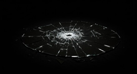 Isolated circular shattered glass surface on black background demonstrating fragility