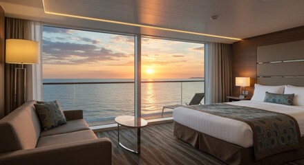Oceanview stateroom at sunset creating a warm and inviting atmosphere for travelers