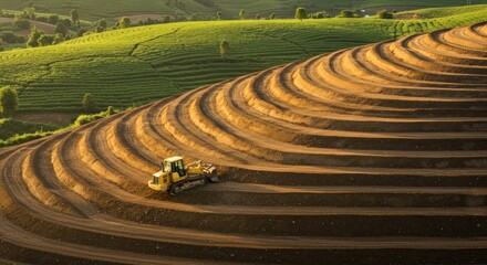 Terraced farming construction with bulldozer against a scenic green backdrop