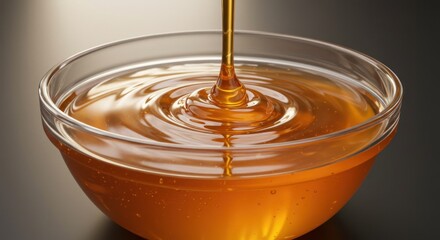 Golden syrup cascade in glass bowl showcases captivating liquid motion and rich amber color
